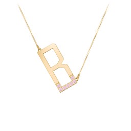 Asymmetrical Initial Necklace with Accent Stones - B in 18K Gold Plated Silver with Pink Tourmaline