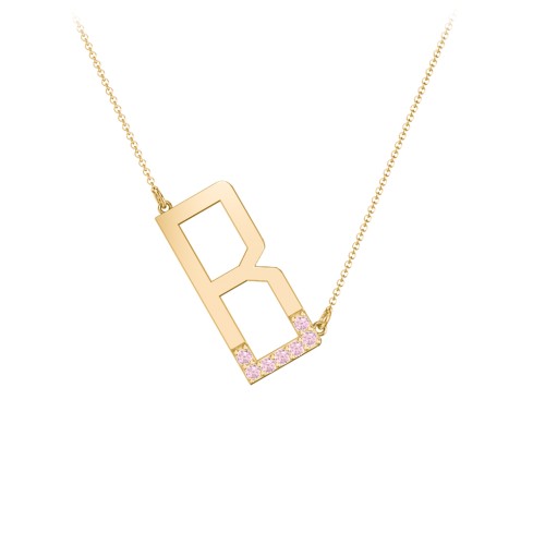 Asymmetrical Initial Necklace with Accent Stones - B – 18K Gold Plated Silver with Pink Tourmaline
