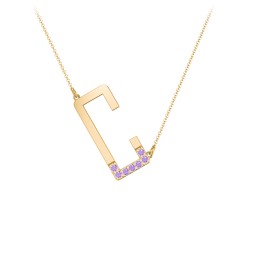 Asymmetrical Initial Necklace with Accent Stones - C in 18K Gold Plated Silver with Amethyst
