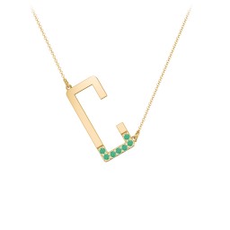 Asymmetrical Initial Necklace with Accent Stones - C in 18K Gold Plated Silver with Emerald