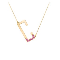 Asymmetrical Initial Necklace with Accent Stones - C in 18K Gold Plated Silver with Ruby