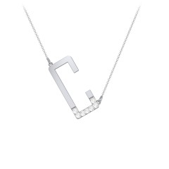 Asymmetrical Initial Necklace with Accent Stones - C – Sterling Silver with Cubic Zirconia