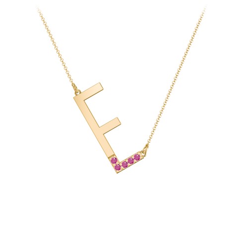 Asymmetrical Initial Necklace with Accent Stones - E – 18K Gold Plated Silver with Ruby