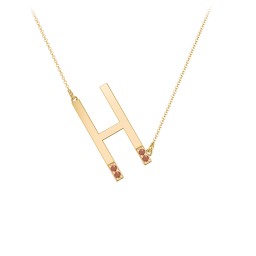 Asymmetrical Initial Necklace with Accent Stones - H in 18K Gold Plated Silver with Garnet