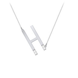 Asymmetrical Initial Necklace with Accent Stones - H in 925 Sterling Silver with Cubic Zirconia