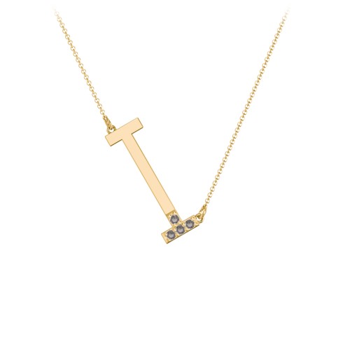 Asymmetrical Initial Necklace with Accent Stones - I – 18K Gold Plated Silver with Smokey Quartz