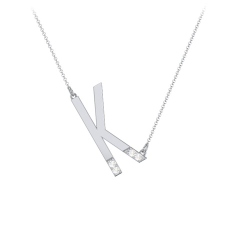 Asymmetrical Initial Necklace with Accent Stones - K – Sterling Silver with Cubic Zirconia