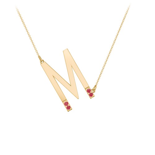 Asymmetrical Initial Necklace with Accent Stones - M – 18K Gold Plated Silver with Garnet