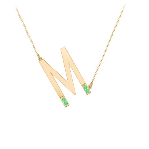 Asymmetrical Initial Necklace with Accent Stones - M – 18K Gold Plated Silver with Emerald