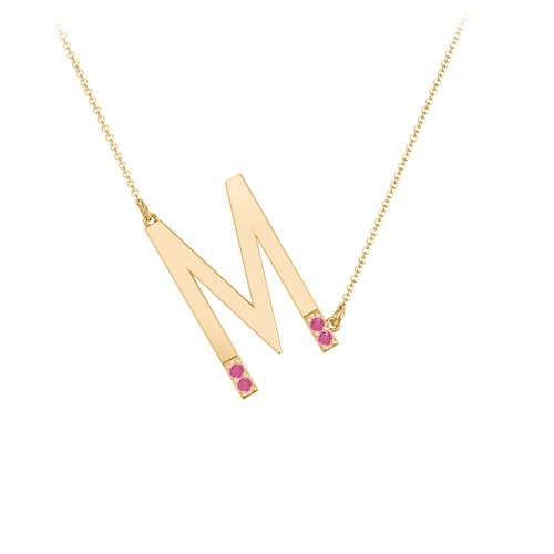 Asymmetrical Initial Necklace with Accent Stones - M – 18K Gold Plated Silver with Ruby