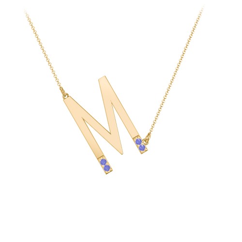 Asymmetrical Initial Necklace with Accent Stones - M – 18K Gold Plated Silver with Blue Sapphire