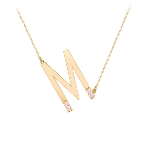 Asymmetrical Initial Necklace with Accent Stones - M – 18K Gold Plated Silver with Pink Tourmaline