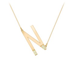 Asymmetrical Initial Necklace with Accent Stones - N in 18K Gold Plated Silver with Peridot