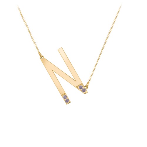 Asymmetrical Initial Necklace with Accent Stones - N
