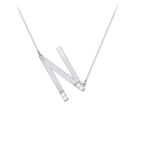 Asymmetrical Initial Necklace with Accent Stones - N – Sterling Silver with Cubic Zirconia