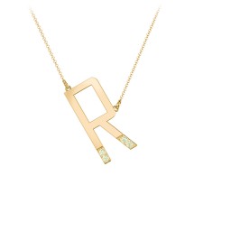 Asymmetrical Initial Necklace with Accent Stones - R in 18K Gold Plated Silver with Peridot