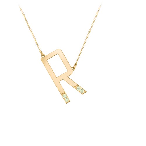 Asymmetrical Initial Necklace with Accent Stones - R – 18K Gold Plated Silver with Peridot