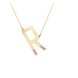 Asymmetrical Initial Necklace with Accent Stones - R in 18K Gold Plated Silver with Amethyst