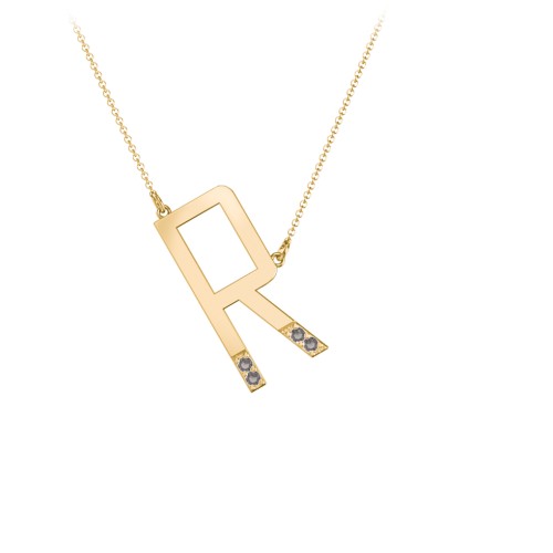 Asymmetrical Initial Necklace with Accent Stones - R – 18K Gold Plated Silver with Smokey Quartz