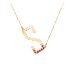 Asymmetrical Initial Necklace with Accent Stones - S in 18K Gold Plated Silver with Garnet