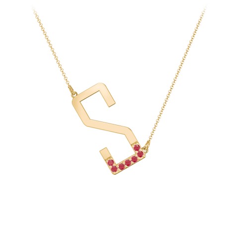 Asymmetrical Initial Necklace with Accent Stones - S – 18K Gold Plated Silver with Garnet