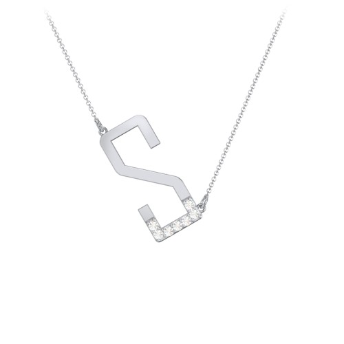 Asymmetrical Initial Necklace with Accent Stones - S – Sterling Silver with Cubic Zirconia