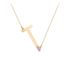 Asymmetrical Initial Necklace with Accent Stones - T in 18K Gold Plated Silver with Amethyst