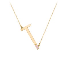 Asymmetrical Initial Necklace with Accent Stones - T in 18K Gold Plated Silver with Pink Tourmaline