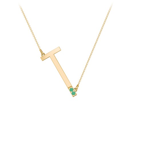 Asymmetrical Initial Necklace with Accent Stones - T – 18K Gold Plated Silver with Emerald