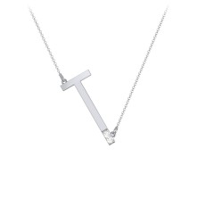 Asymmetrical Initial Necklace with Accent Stones - T – Sterling Silver with Cubic Zirconia