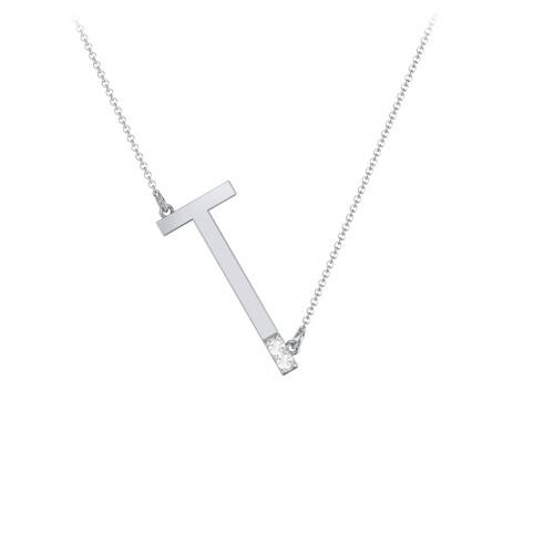Asymmetrical Initial Necklace with Accent Stones - T – Sterling Silver with Cubic Zirconia
