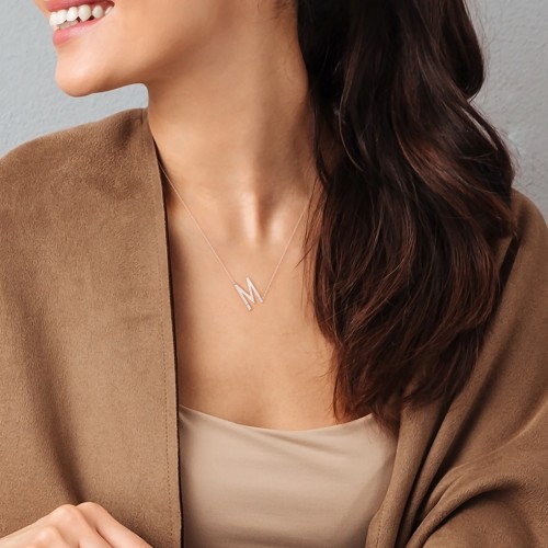 Asymmetrical Initial Necklace with Accent Stones - V – 18K Gold Plated Silver with Garnet