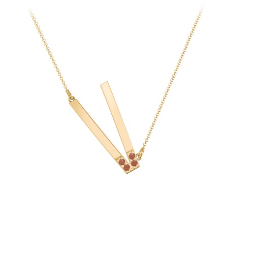 Asymmetrical Initial Necklace with Accent Stones - V – 18K Gold Plated Silver with Garnet