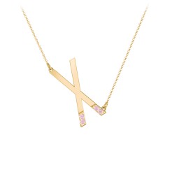 Asymmetrical Initial Necklace with Accent Stones - X in 18K Gold Plated Silver with Pink Tourmaline