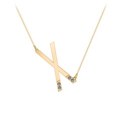 Asymmetrical Initial Necklace with Accent Stones - X in 18K Gold Plated Silver with Smokey Quartz