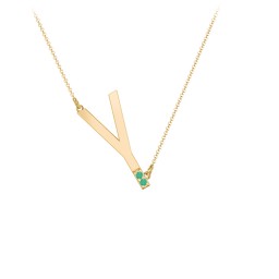 Asymmetrical Initial Necklace with Accent Stones - Y in 18K Gold Plated Silver with Emerald