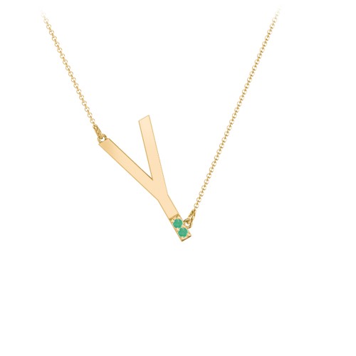 Asymmetrical Initial Necklace with Accent Stones - Y – 18K Gold Plated Silver with Emerald