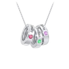 Engravable Gemstone Stacking Ring Charm Necklace - 3 – Sterling Silver with Ruby, Emerald, and Amethyst