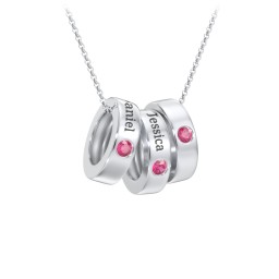 Engravable Gemstone Stacking Ring Charm Necklace - 3 in 925 Sterling Silver with Ruby