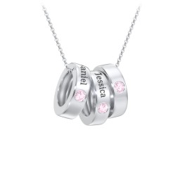 Engravable Gemstone Stacking Ring Charm Necklace - 3 in 925 Sterling Silver with Pink Tourmaline