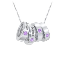 Engravable Gemstone Stacking Ring Charm Necklace - 4 in 925 Sterling Silver with Amethyst