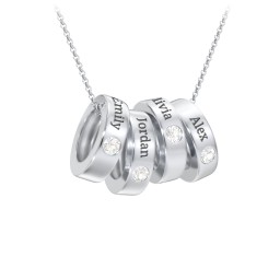 Engravable Gemstone Stacking Ring Charm Necklace - 4 in 925 Sterling Silver with Diamond
