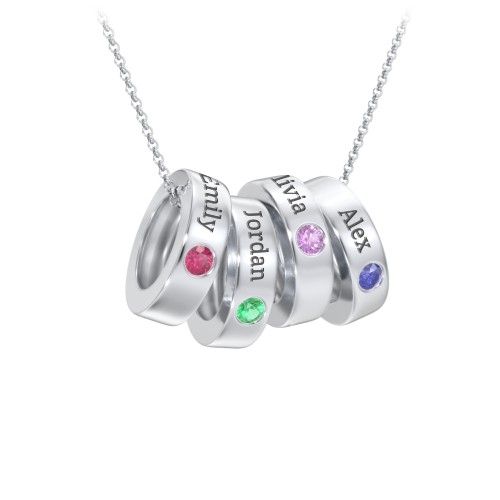 Engravable Gemstone Stacking Ring Charm Necklace - 4 – Sterling Silver with Ruby, Emerald, Amethyst, and Blue Sapphire