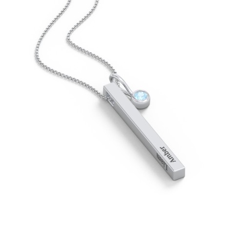 Engravable Vertical 3D Bar Necklace with 1-Stone Charm – Sterling Silver with Blue Topaz