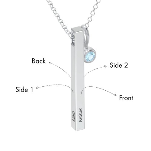 Engravable Vertical 3D Bar Necklace with 1-Stone Charm – Sterling Silver with Blue Topaz