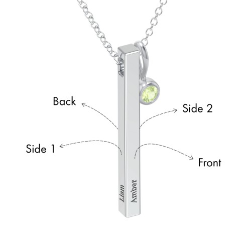 Engravable Vertical 3D Bar Necklace with 1-Stone Charm – Sterling Silver with Peridot