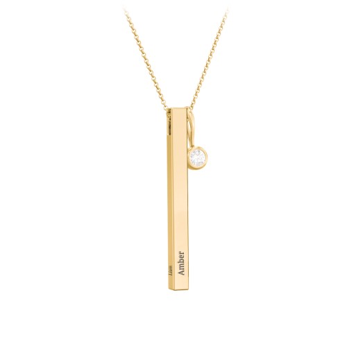 Engravable Vertical 3D Bar Necklace with 1-Stone Charm – 10K Yellow Gold with Diamond