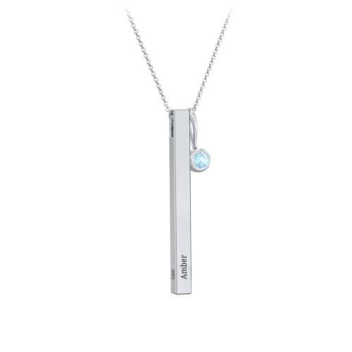 Engravable Vertical 3D Bar Necklace with 1-Stone Charm – Sterling Silver with Blue Topaz