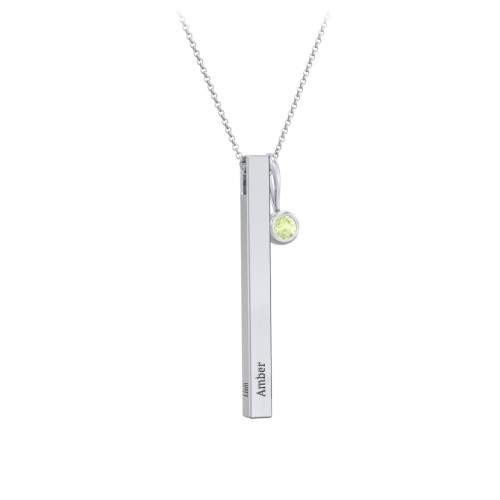 Engravable Vertical 3D Bar Necklace with 1-Stone Charm – Sterling Silver with Peridot