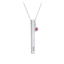 Engravable Vertical 3D Bar Necklace with 1-Stone Charm in 925 Sterling Silver with Ruby